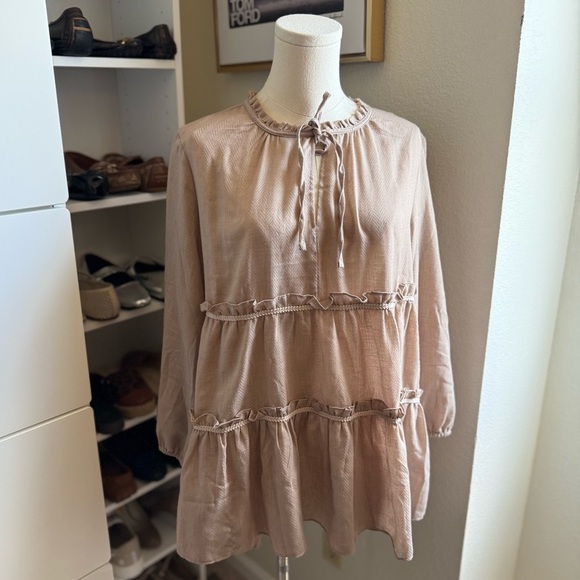 Cato Beautiful Tan Ruffled Long Sleeve Blouse with Collar Detail Size Large - Picture 4 of 10